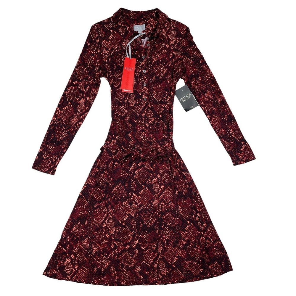 PURE Collection Dress Size 8 / 10 Red Snakeskin Button Front Empire Long Sleeve